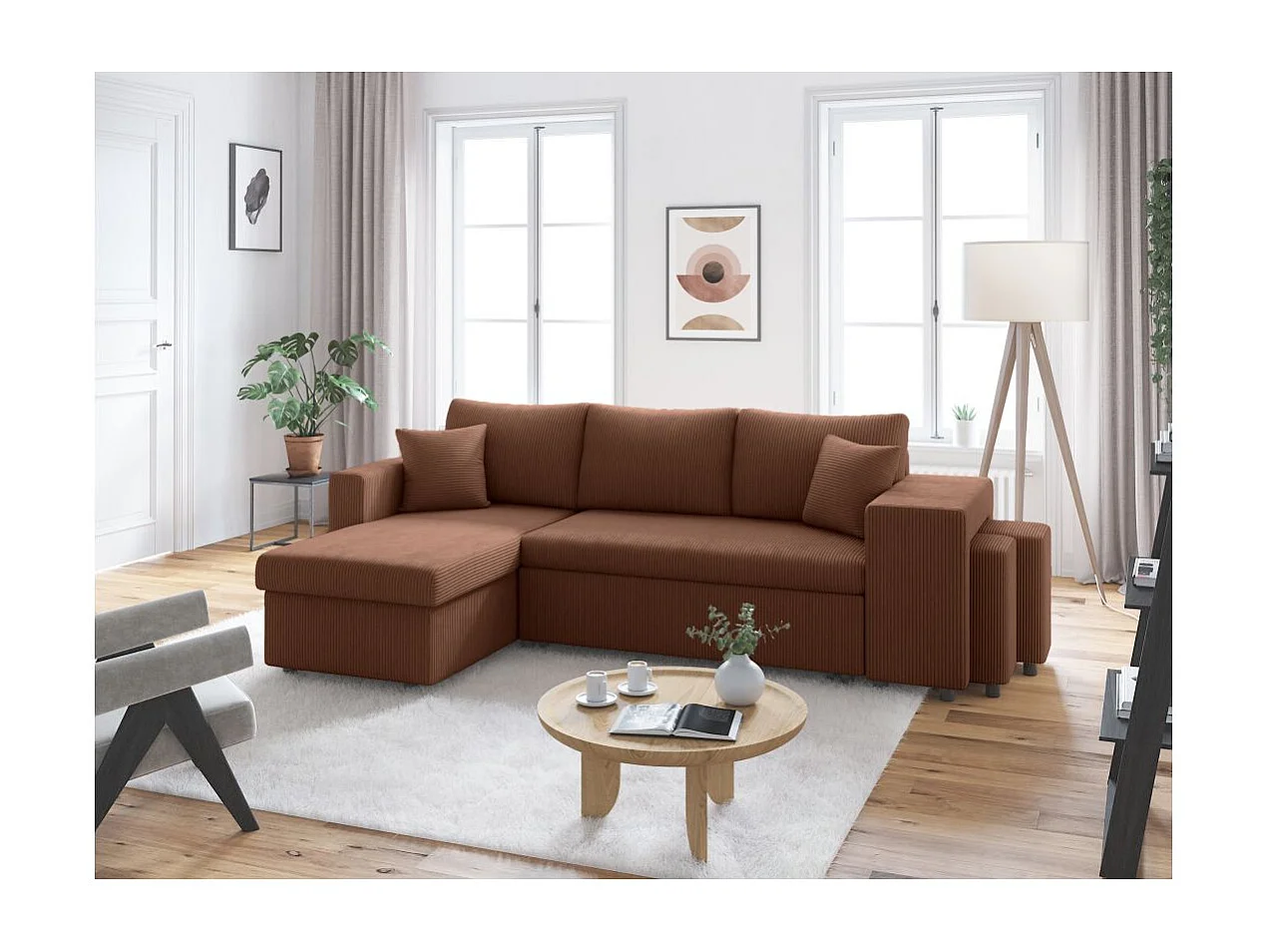 Canapé d'angle réversible convertible Oslo avec coffre, 2 poufs à droite en velours côtelé marron - L241 x P146 x H81cm - Loungitude