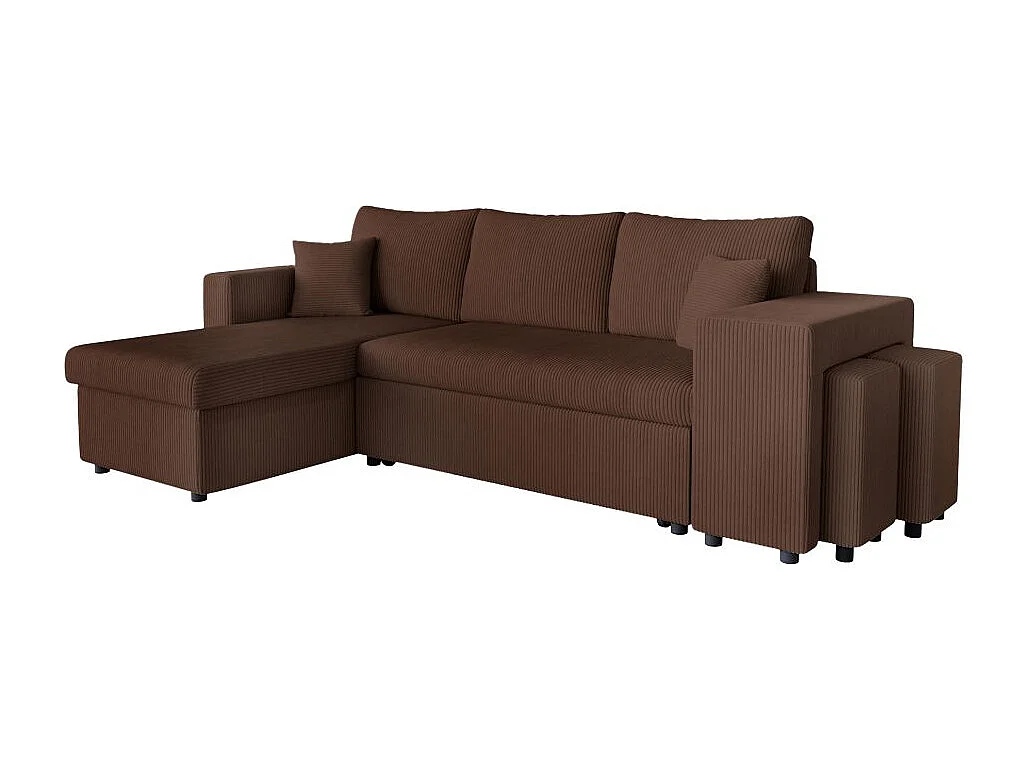 Canapé d'angle réversible convertible Oslo avec coffre, 2 poufs à droite en velours côtelé marron - L241 x P146 x H81cm - Loungitude