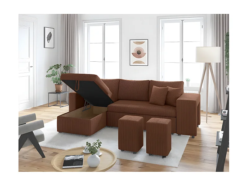 Canapé d'angle réversible convertible Oslo avec coffre, 2 poufs à droite en velours côtelé marron - L241 x P146 x H81cm - Loungitude