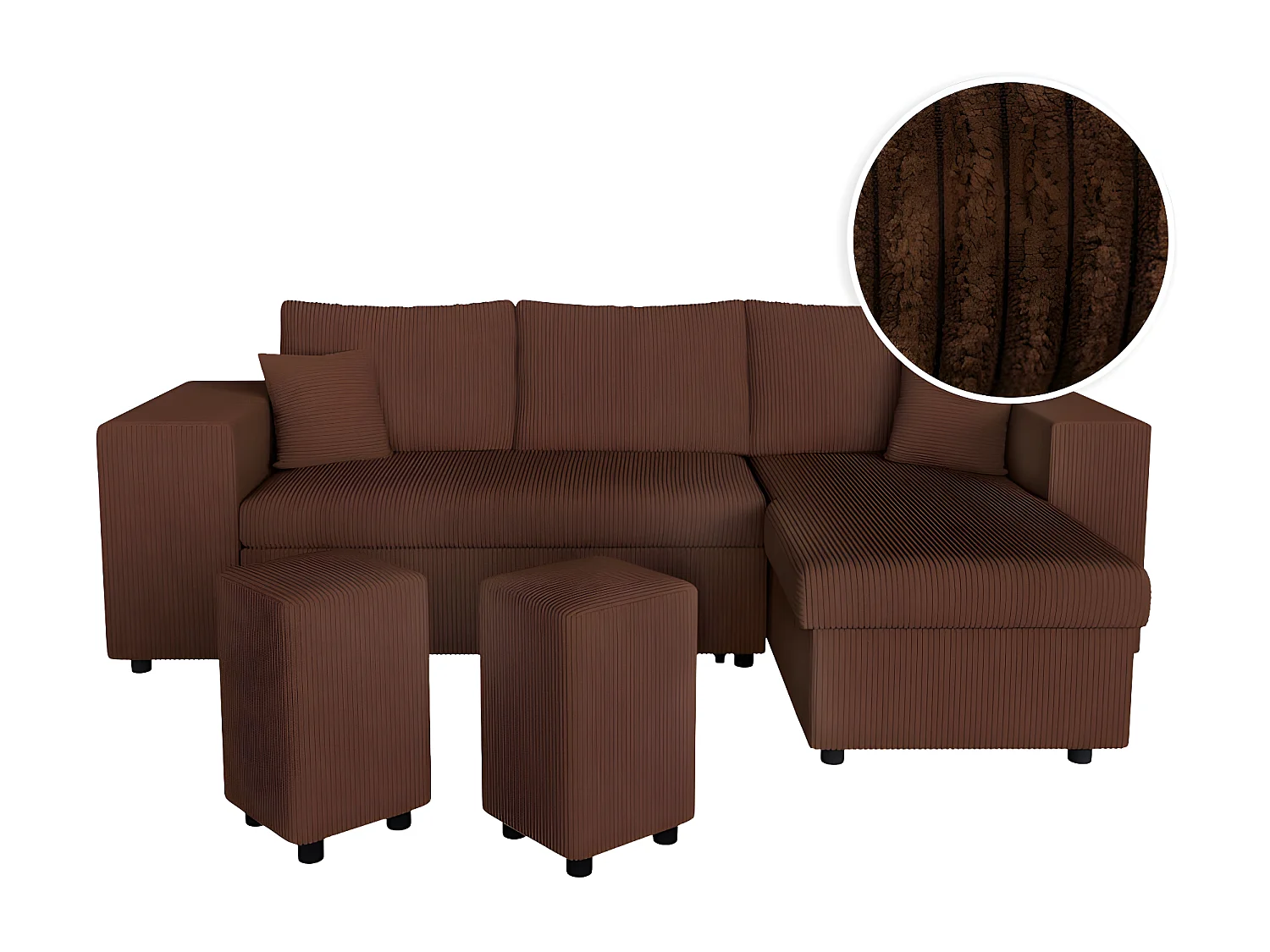 Canapé d'angle réversible Mady avec coffre, rangement poufs à gauche en velours côtelé - Marron - L254 x P146 x H81cm - Loungitude