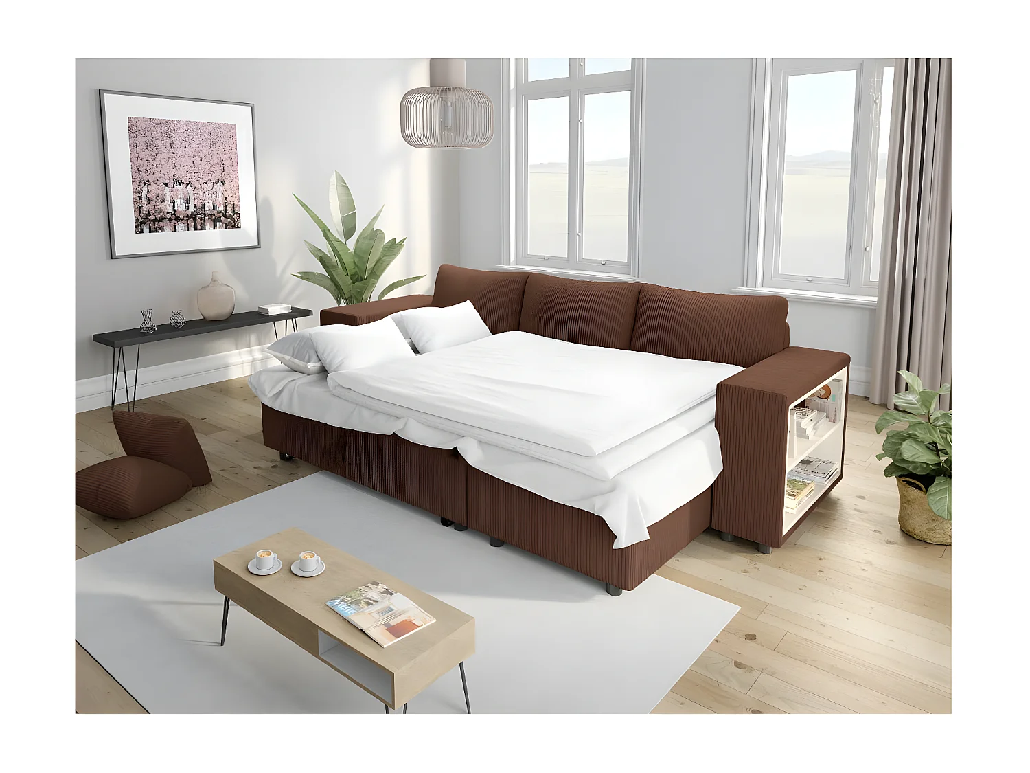 Canapé d'angle réversible Mady avec coffre, rangement poufs à gauche en velours côtelé - Marron - L254 x P146 x H81cm - Loungitude