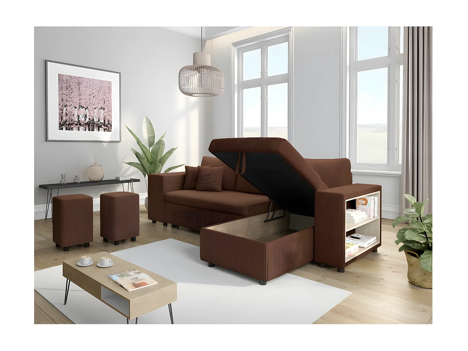Canapé d'angle réversible Mady avec coffre, rangement poufs à gauche en velours côtelé - Marron - L254 x P146 x H81cm - Loungitude
