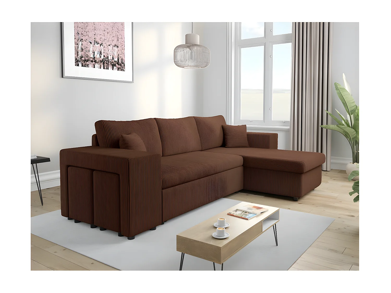 Canapé d'angle réversible Mady avec coffre, rangement poufs à gauche en velours côtelé - Marron - L254 x P146 x H81cm - Loungitude