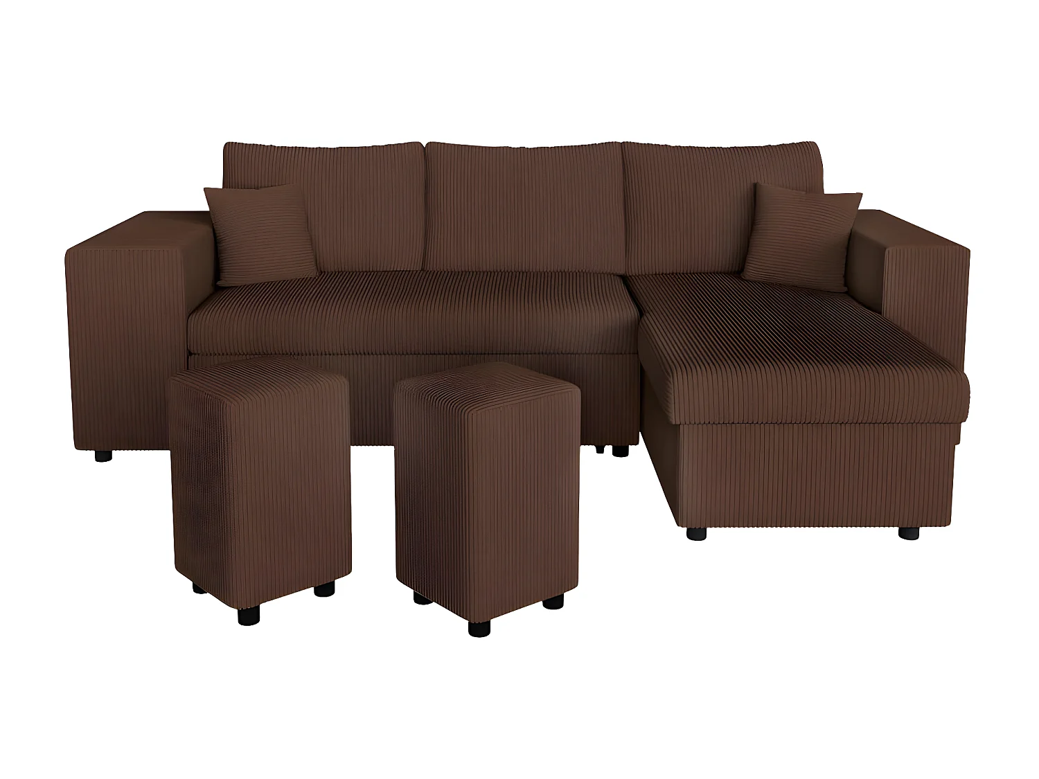 Canapé d'angle réversible Mady avec coffre, rangement poufs à gauche en velours côtelé - Marron - L254 x P146 x H81cm - Loungitude