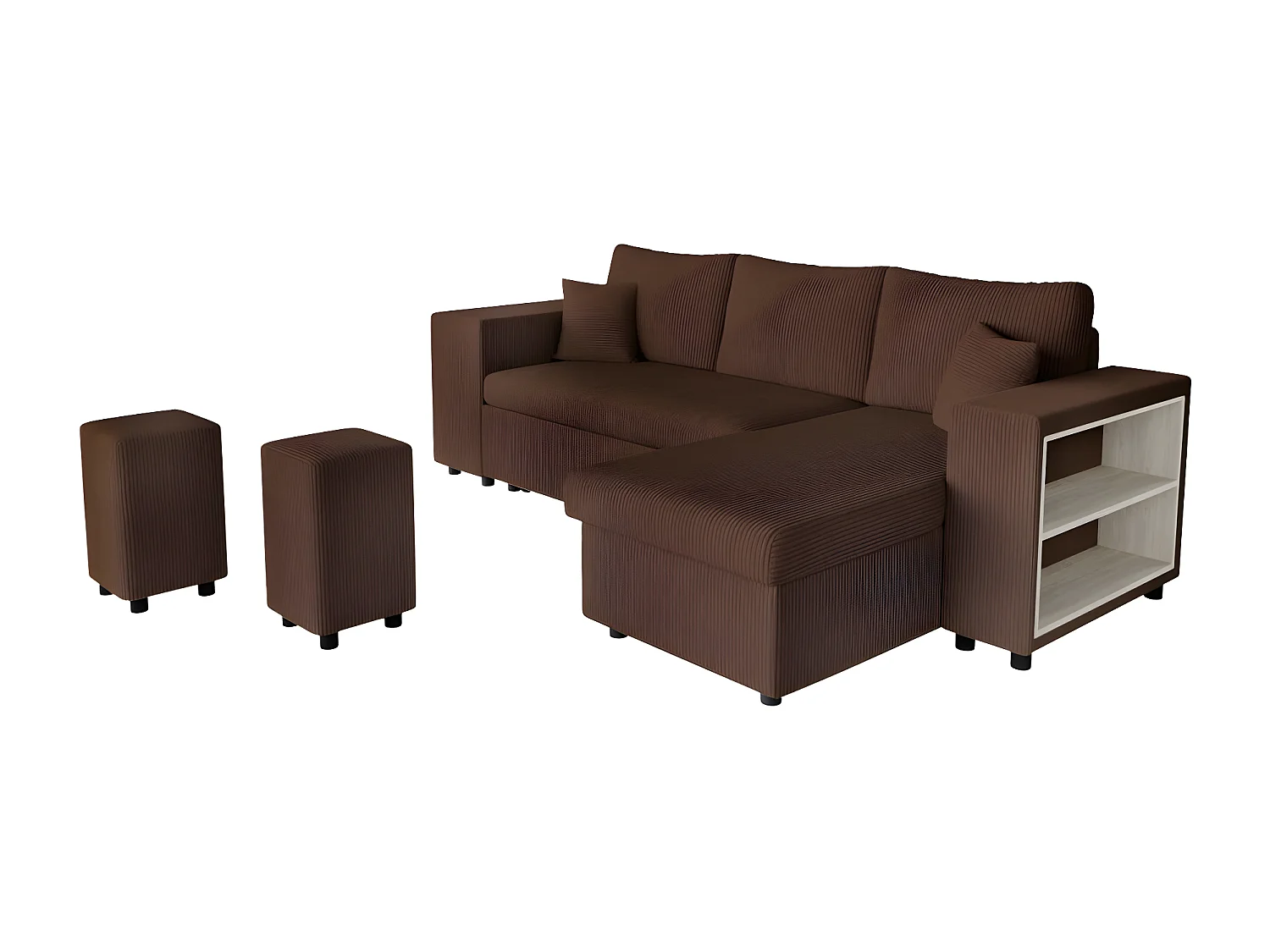 Canapé d'angle réversible Mady avec coffre, rangement poufs à gauche en velours côtelé - Marron - L254 x P146 x H81cm - Loungitude