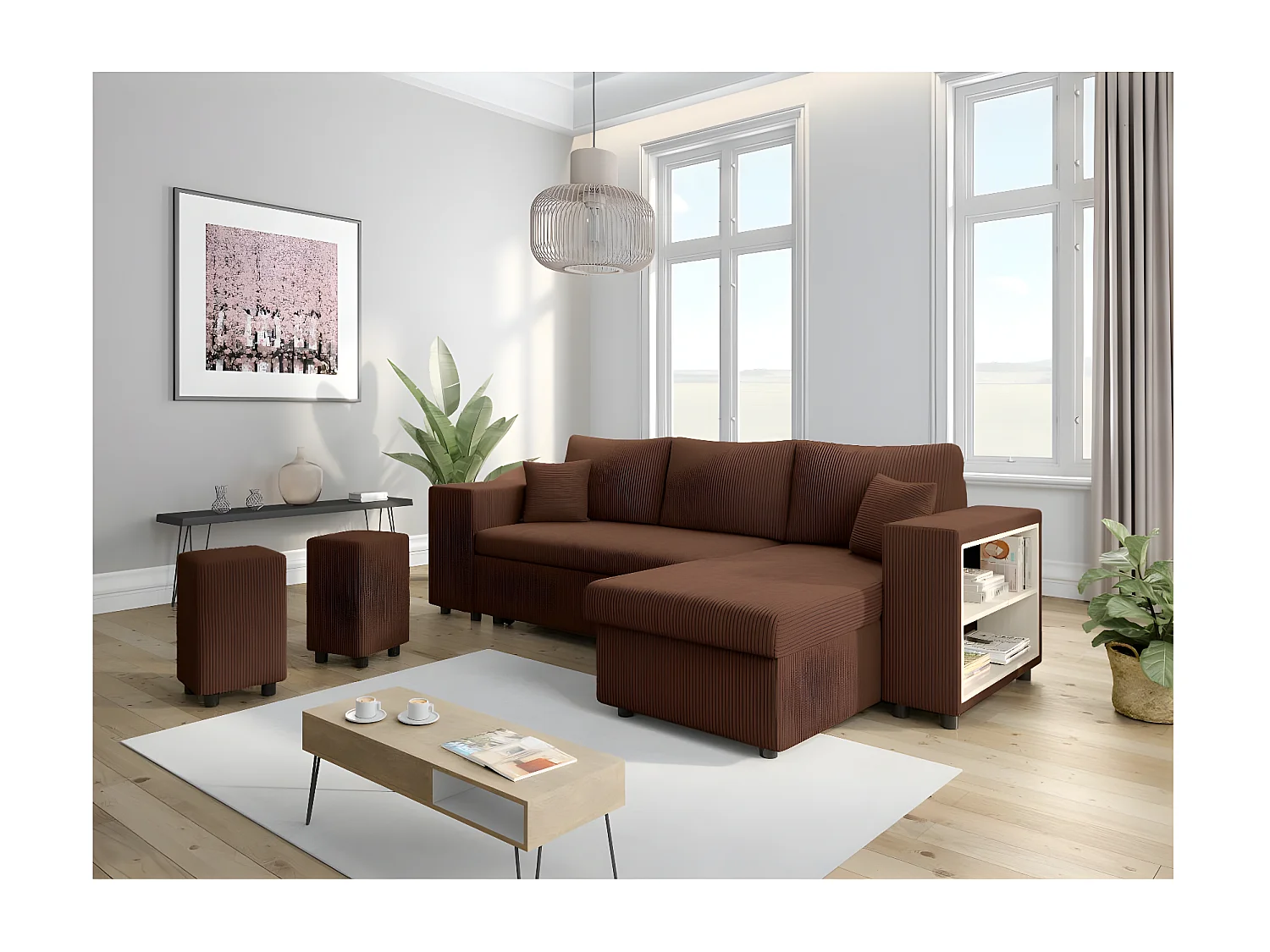 Canapé d'angle réversible Mady avec coffre, rangement poufs à gauche en velours côtelé - Marron - L254 x P146 x H81cm - Loungitude