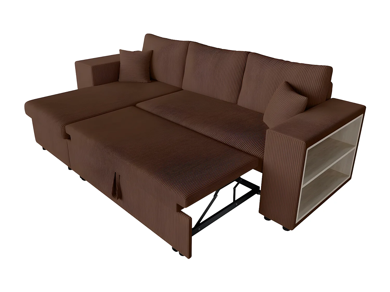 Canapé d'angle réversible Mady avec coffre, rangement poufs à gauche en velours côtelé - Marron - L254 x P146 x H81cm - Loungitude