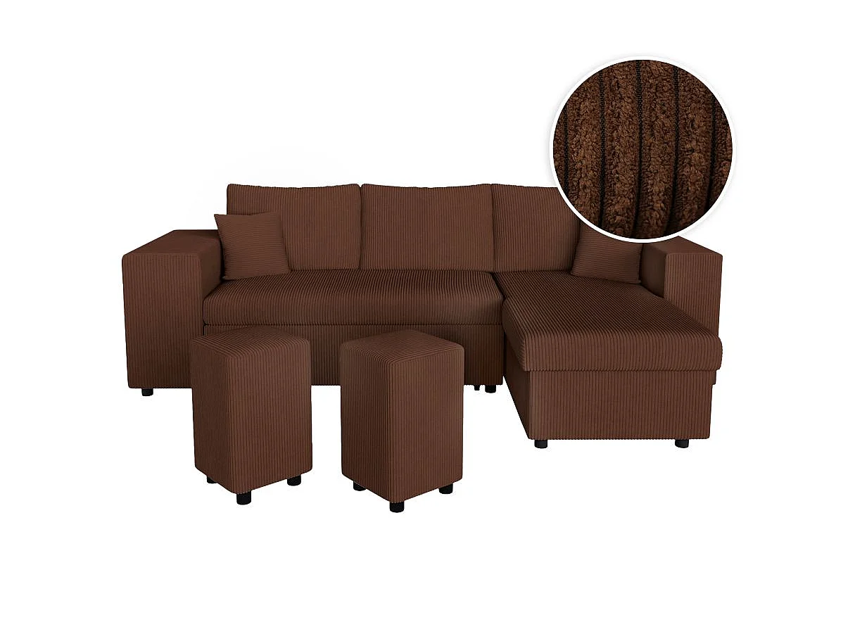 Canapé d'angle convertible 5 places avec pouf en velours marron MADY