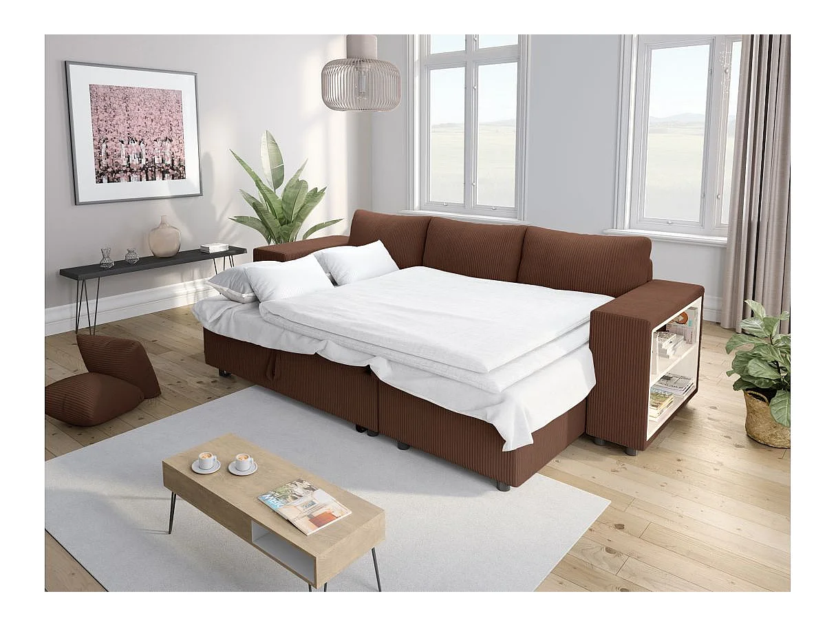 Canapé d'angle convertible 5 places avec pouf en velours marron MADY