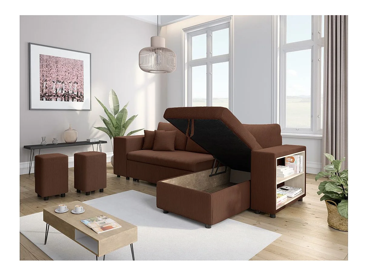 Canapé d'angle convertible 5 places avec pouf en velours marron MADY