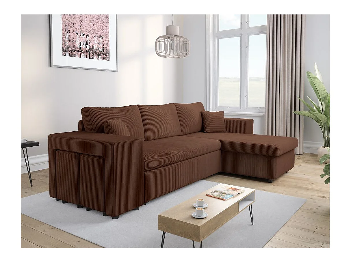 Canapé d'angle convertible 5 places avec pouf en velours marron MADY