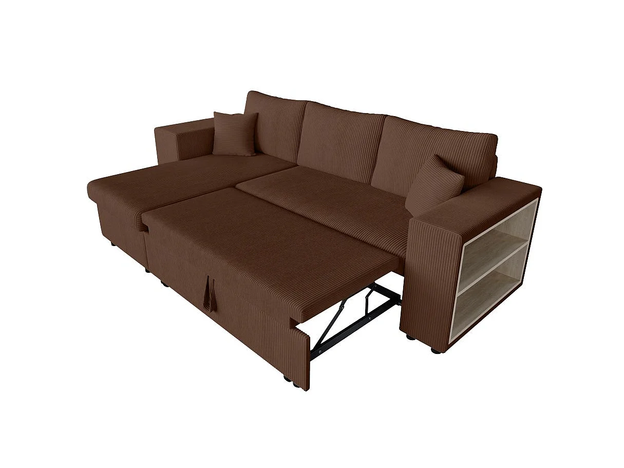 Canapé d'angle convertible 5 places avec pouf en velours marron MADY