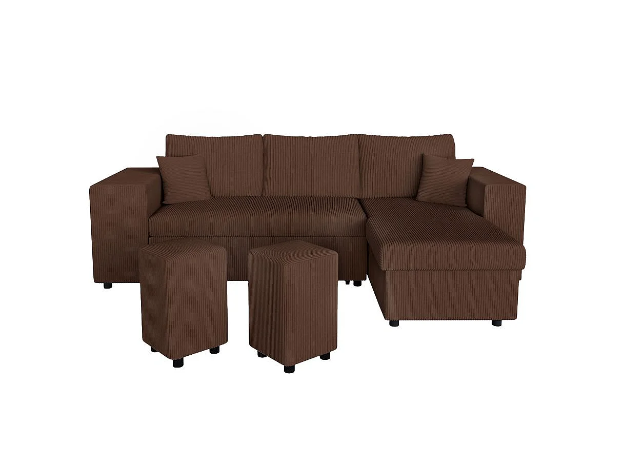 Canapé d'angle convertible 5 places avec pouf en velours marron MADY