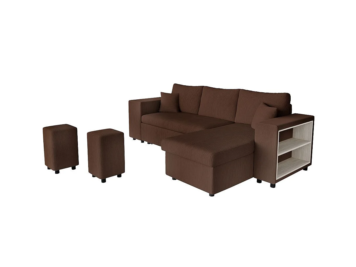 Canapé d'angle convertible 5 places avec pouf en velours marron MADY