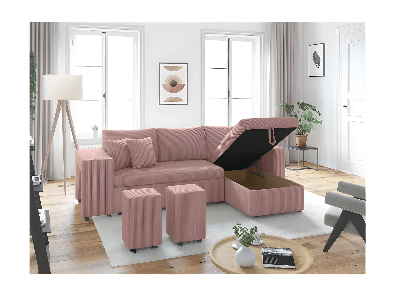 Canapé d'angle réversible convertible Oslo avec coffre, 2 poufs à gauche en velours côtelé rose - L241 x P146 x H81cm - Loungitude