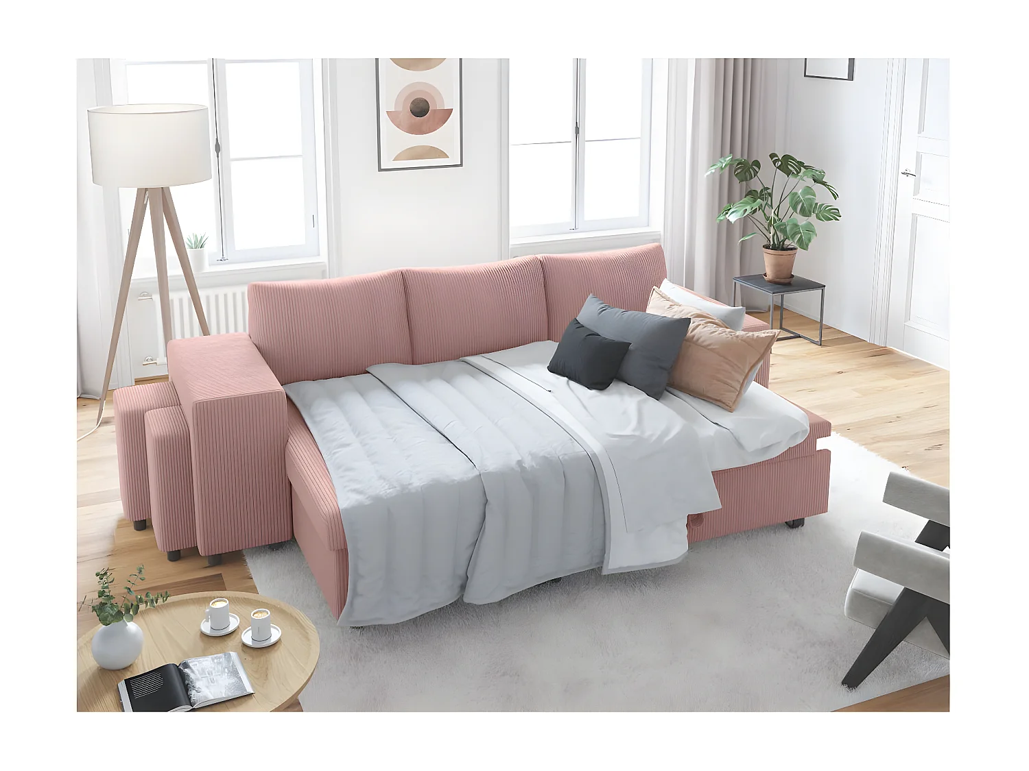 Canapé d'angle réversible convertible Oslo avec coffre, 2 poufs à gauche en velours côtelé rose - L241 x P146 x H81cm - Loungitude