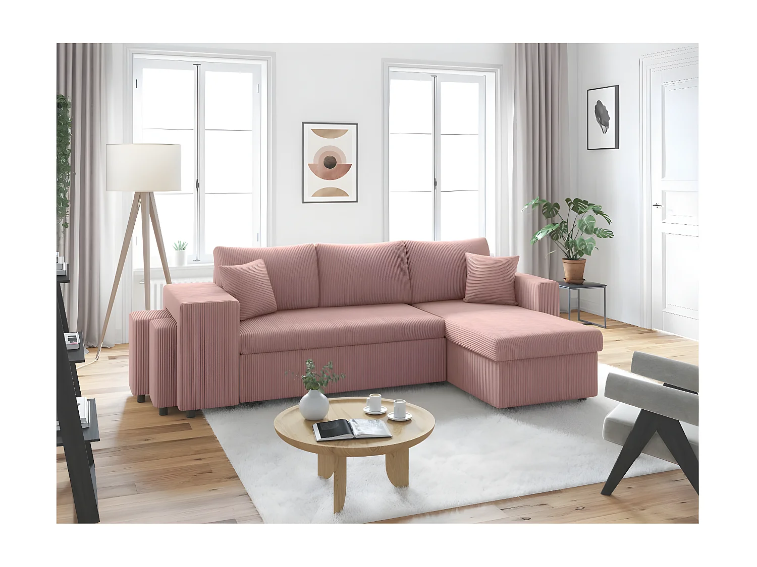 Canapé d'angle réversible convertible Oslo avec coffre, 2 poufs à gauche en velours côtelé rose - L241 x P146 x H81cm - Loungitude