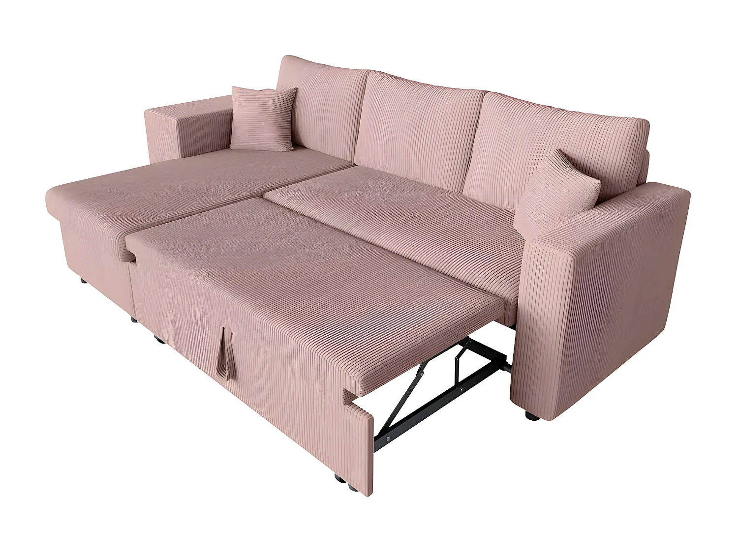 Canapé d'angle réversible convertible Oslo avec coffre, 2 poufs à gauche en velours côtelé rose - L241 x P146 x H81cm - Loungitude