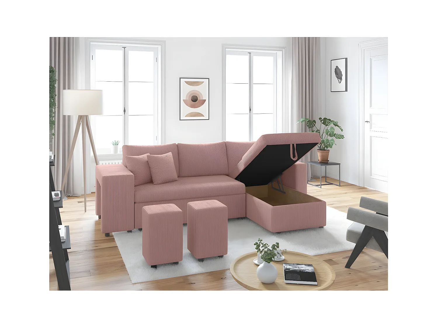 Canapé d'angle réversible convertible Oslo avec coffre, 2 poufs à gauche en velours côtelé rose - L241 x P146 x H81cm - Loungitude