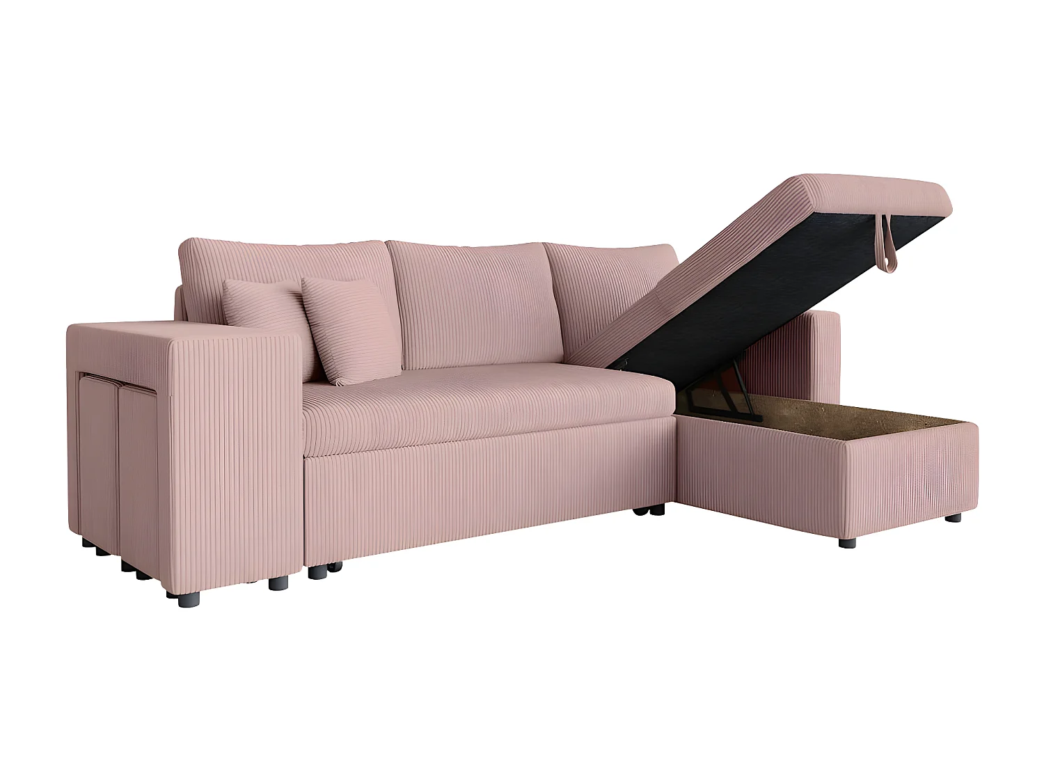 Canapé d'angle réversible convertible Oslo avec coffre, 2 poufs à gauche en velours côtelé rose - L241 x P146 x H81cm - Loungitude