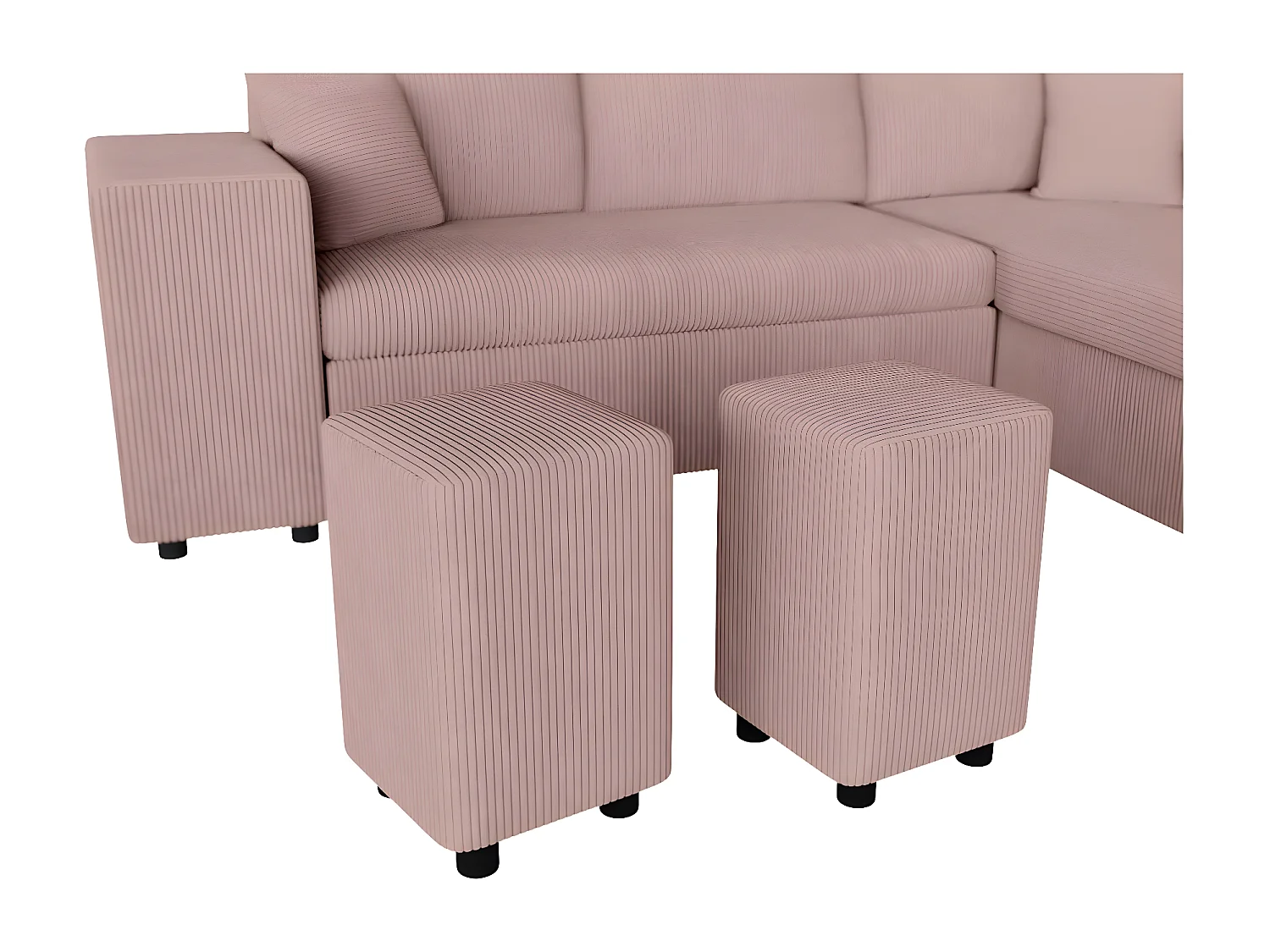 Canapé d'angle réversible convertible Oslo avec coffre, 2 poufs à gauche en velours côtelé rose - L241 x P146 x H81cm - Loungitude