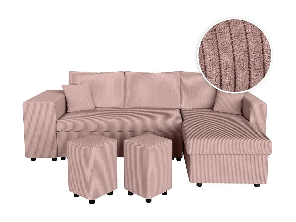 Canapé d'angle réversible convertible Oslo avec coffre, 2 poufs à gauche en velours côtelé rose - L241 x P146 x H81cm - Loungitude