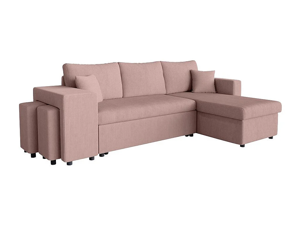 Canapé d'angle réversible convertible Oslo avec coffre, 2 poufs à gauche en velours côtelé rose - L241 x P146 x H81cm - Loungitude
