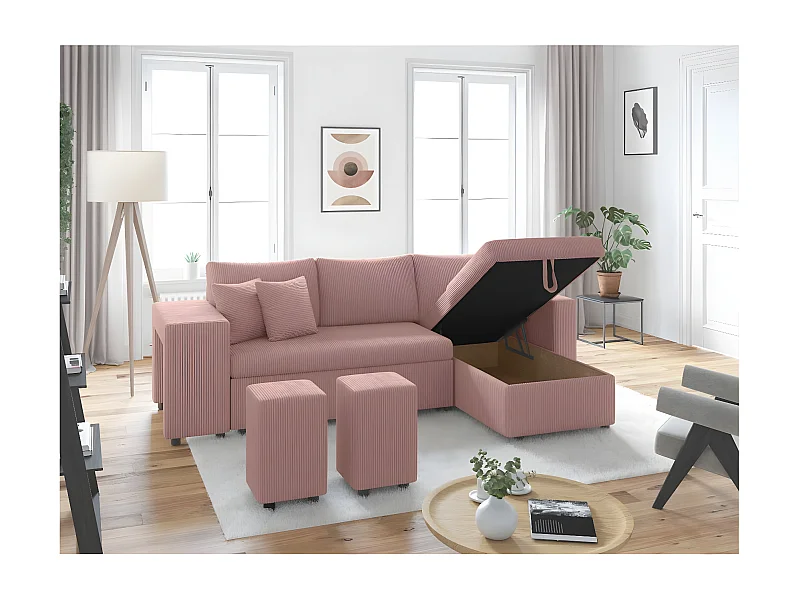 Canapé d'angle réversible convertible Oslo avec coffre, 2 poufs à gauche en velours côtelé rose - L241 x P146 x H81cm - Loungitude