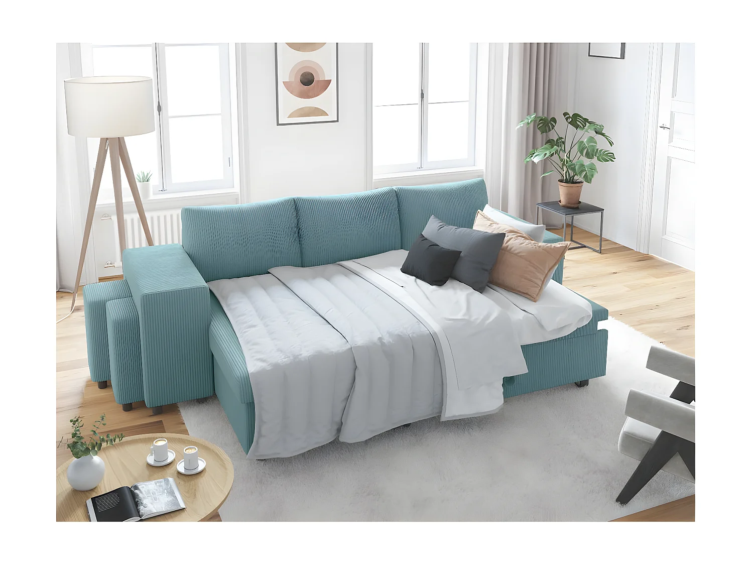 Canapé d'angle réversible convertible Oslo avec coffre, 2 poufs à gauche en velours côtelé bleu - L241 x P146 x H81cm - Loungitude