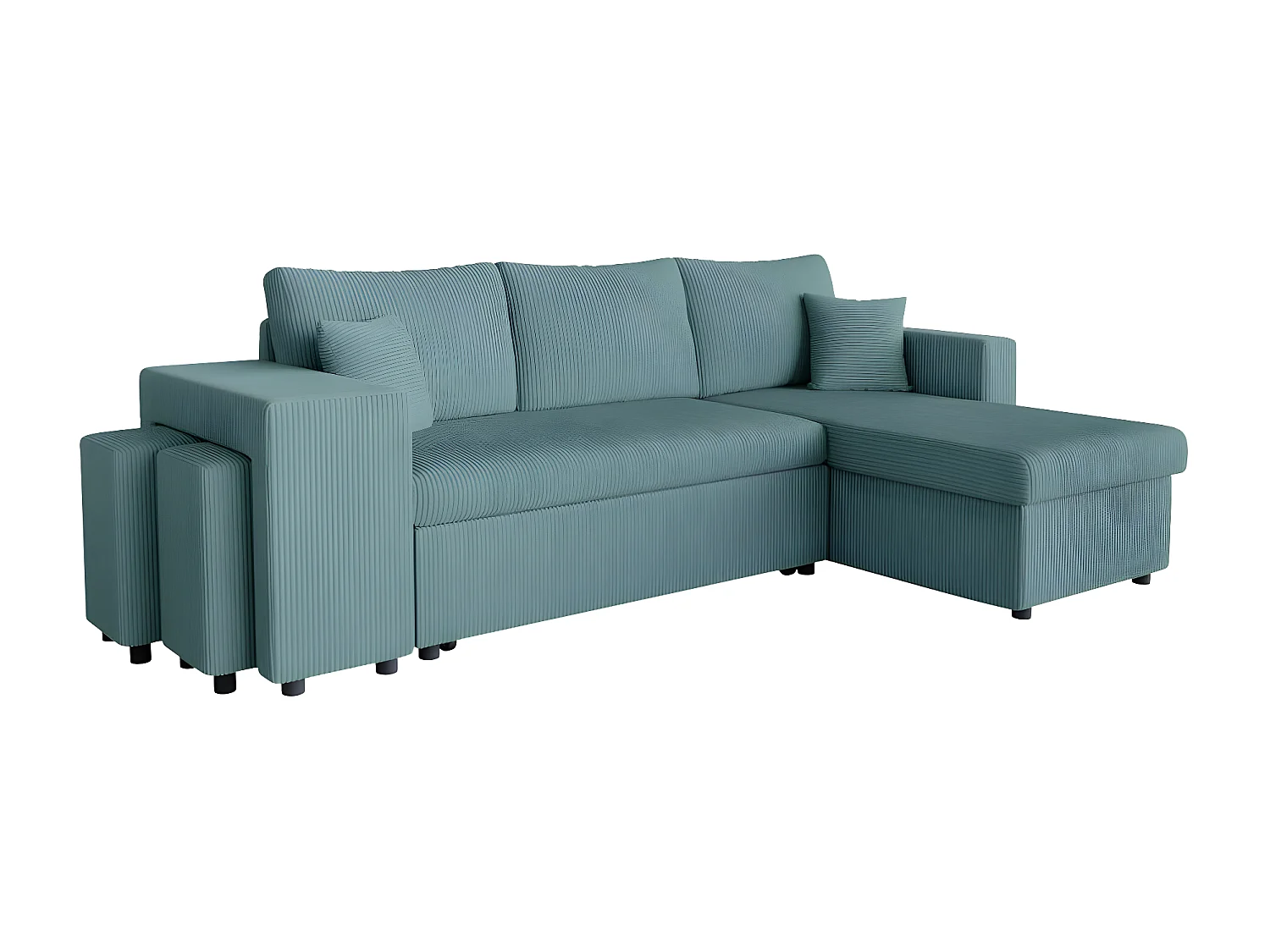 Canapé d'angle réversible convertible Oslo avec coffre, 2 poufs à gauche en velours côtelé bleu - L241 x P146 x H81cm - Loungitude