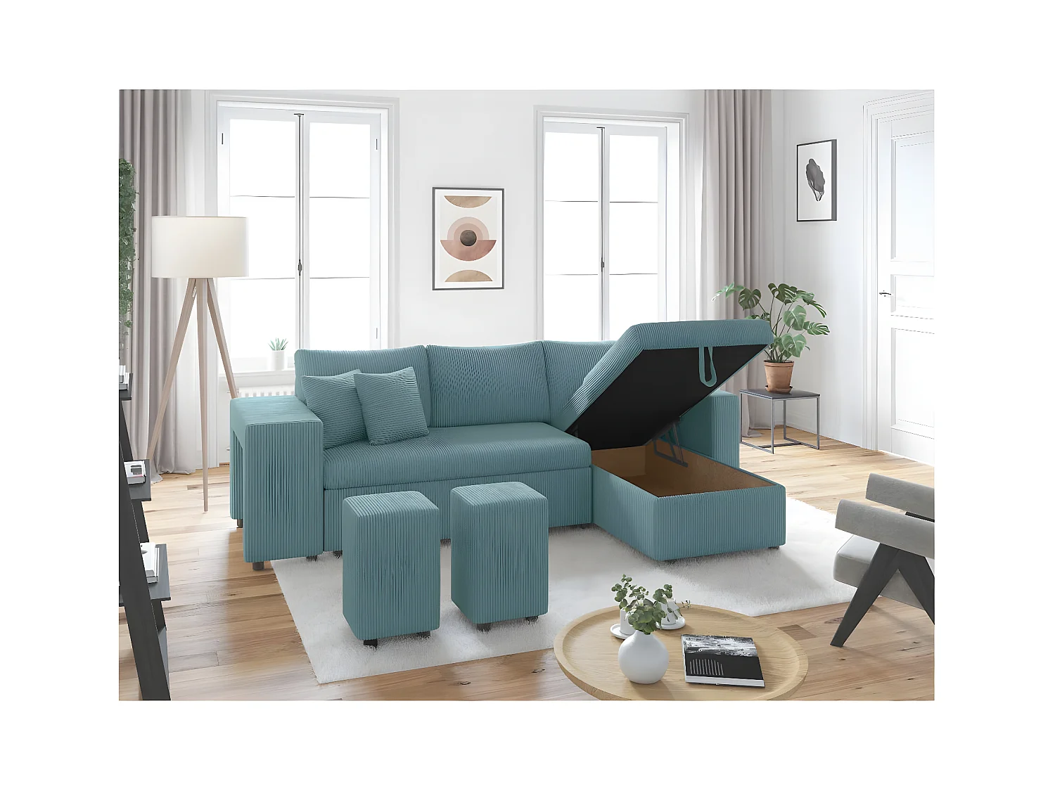 Canapé d'angle réversible convertible Oslo avec coffre, 2 poufs à gauche en velours côtelé bleu - L241 x P146 x H81cm - Loungitude