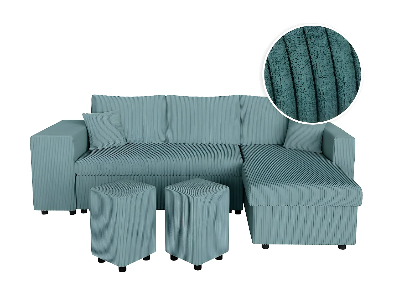 Canapé d'angle réversible convertible Oslo avec coffre, 2 poufs à gauche en velours côtelé bleu - L241 x P146 x H81cm - Loungitude