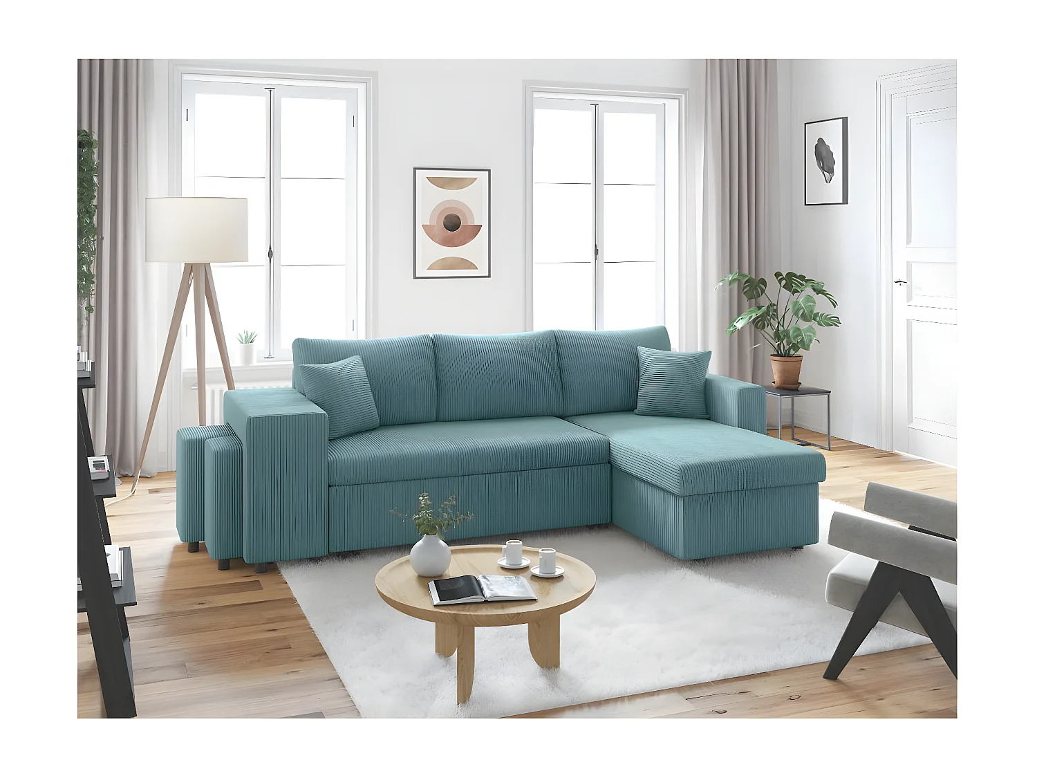 Canapé d'angle réversible convertible Oslo avec coffre, 2 poufs à gauche en velours côtelé bleu - L241 x P146 x H81cm - Loungitude