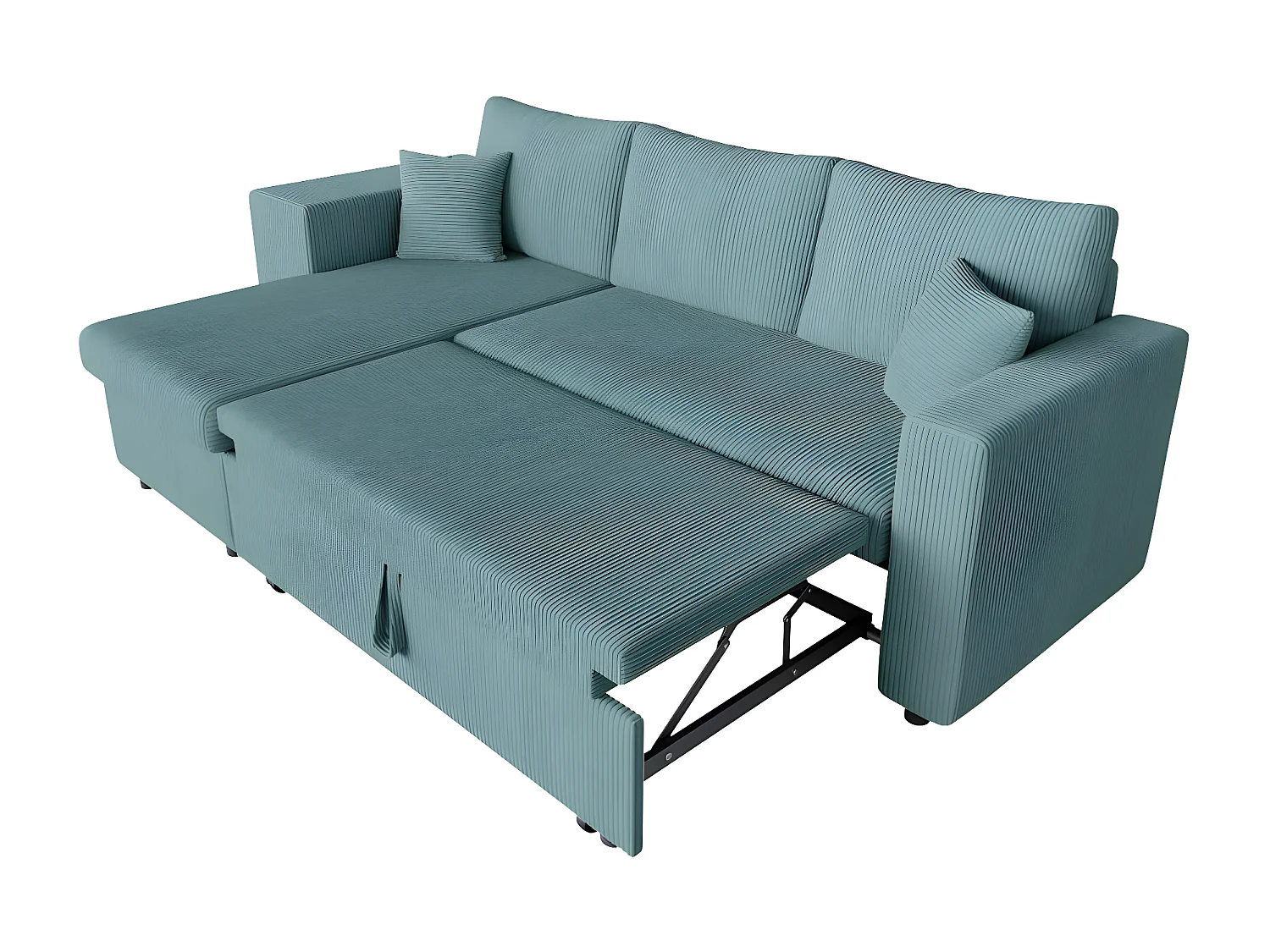 Canapé d'angle réversible convertible Oslo avec coffre, 2 poufs à gauche en velours côtelé bleu - L241 x P146 x H81cm - Loungitude