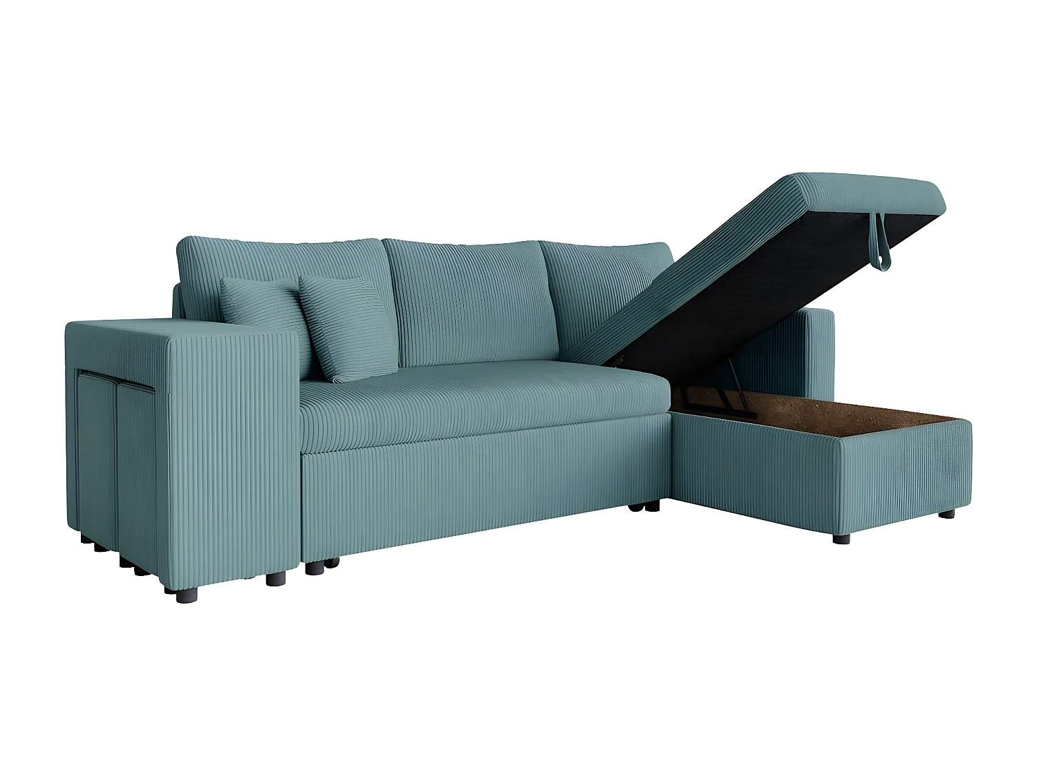 Canapé d'angle réversible convertible Oslo avec coffre, 2 poufs à gauche en velours côtelé bleu - L241 x P146 x H81cm - Loungitude