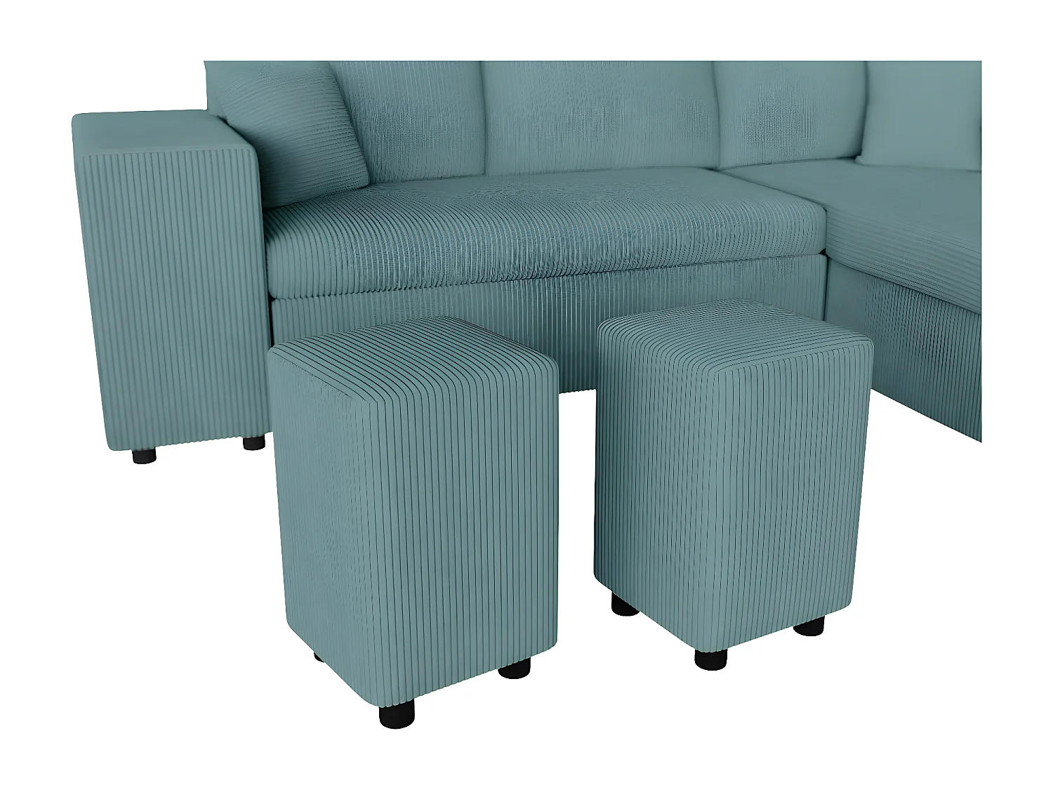Canapé d'angle réversible convertible Oslo avec coffre, 2 poufs à gauche en velours côtelé bleu - L241 x P146 x H81cm - Loungitude