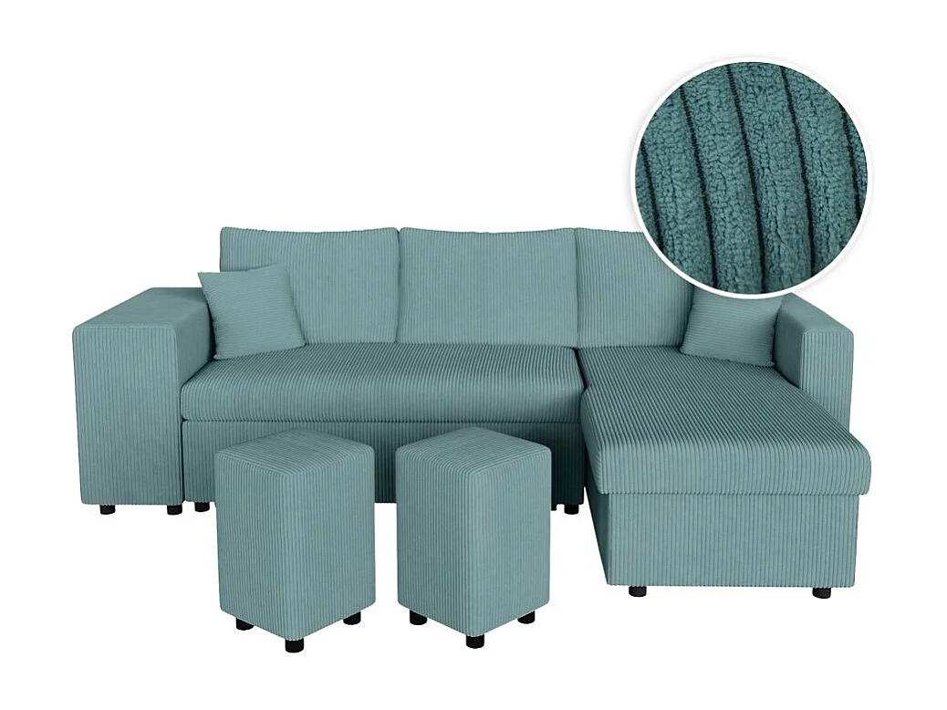 Canapé d'angle réversible convertible Oslo avec coffre, 2 poufs à gauche en velours côtelé bleu - L241 x P146 x H81cm - Loungitude