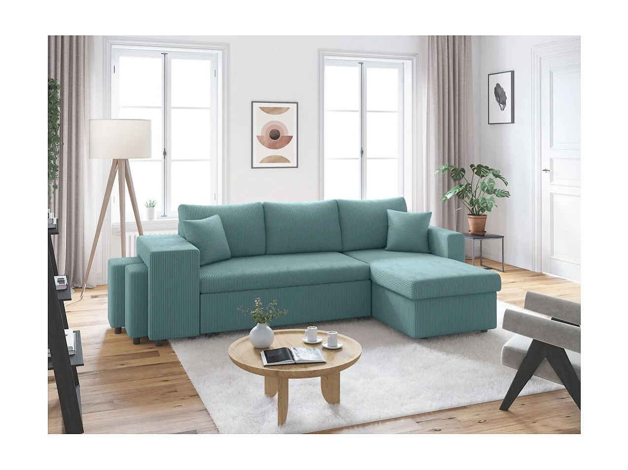 Canapé d'angle réversible convertible Oslo avec coffre, 2 poufs à gauche en velours côtelé bleu - L241 x P146 x H81cm - Loungitude