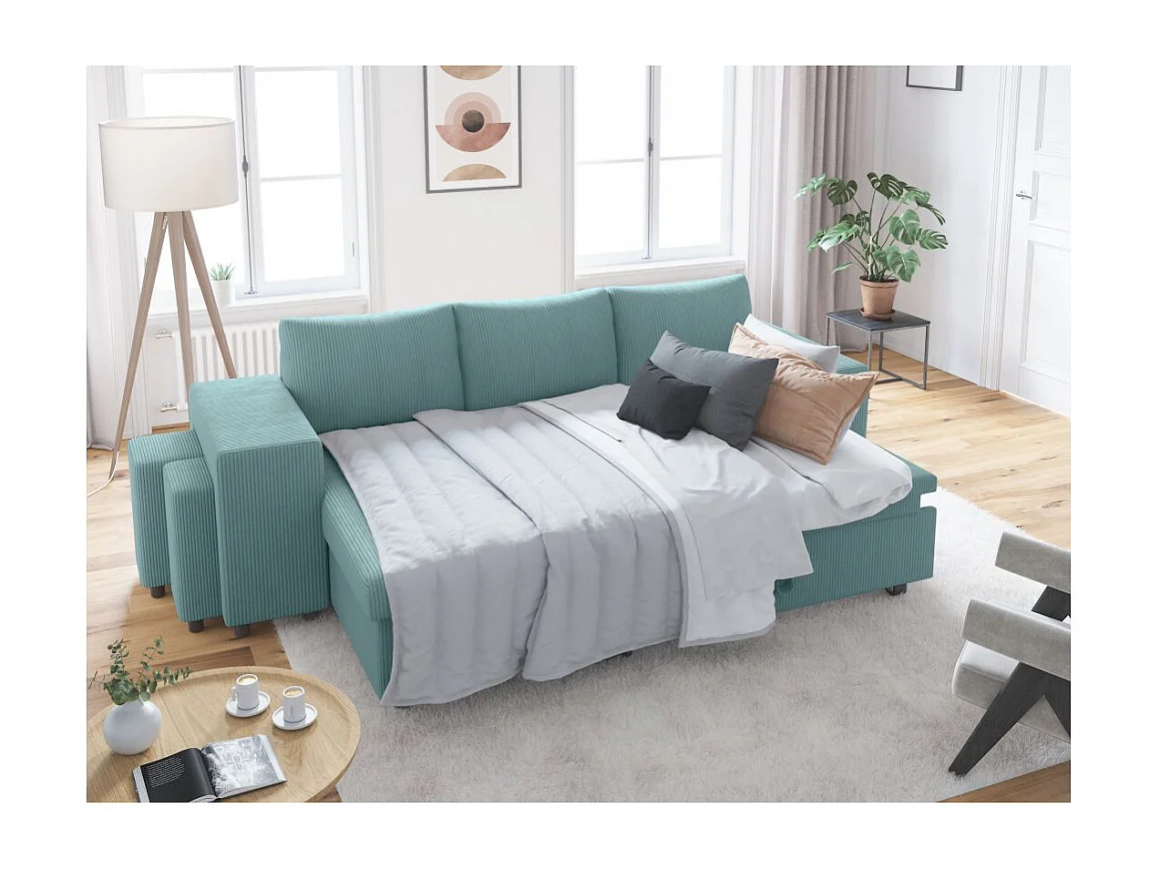 Canapé d'angle réversible convertible Oslo avec coffre, 2 poufs à gauche en velours côtelé bleu - L241 x P146 x H81cm - Loungitude