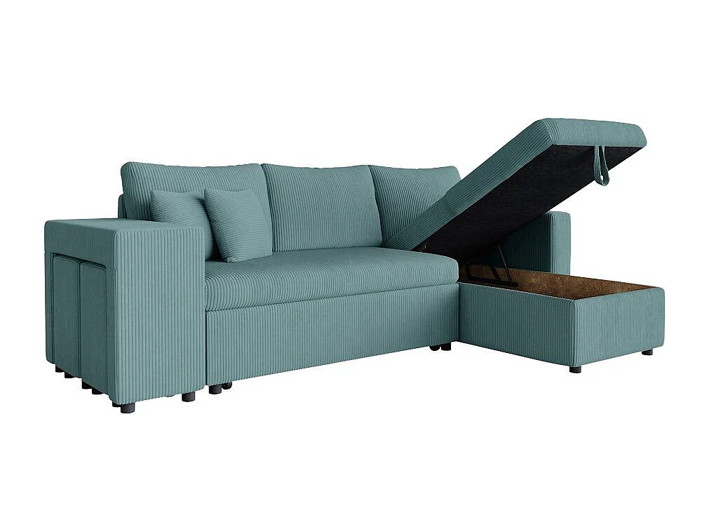 Canapé d'angle réversible convertible Oslo avec coffre, 2 poufs à gauche en velours côtelé bleu - L241 x P146 x H81cm - Loungitude