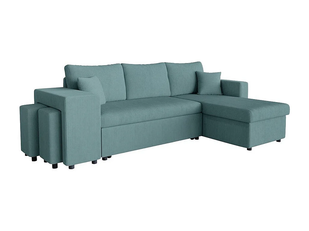 Canapé d'angle réversible convertible Oslo avec coffre, 2 poufs à gauche en velours côtelé bleu - L241 x P146 x H81cm - Loungitude