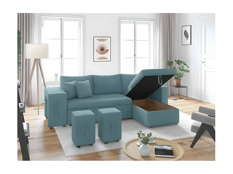 Canapé d'angle réversible convertible Oslo avec coffre, 2 poufs à gauche en velours côtelé bleu - L241 x P146 x H81cm - Loungitude