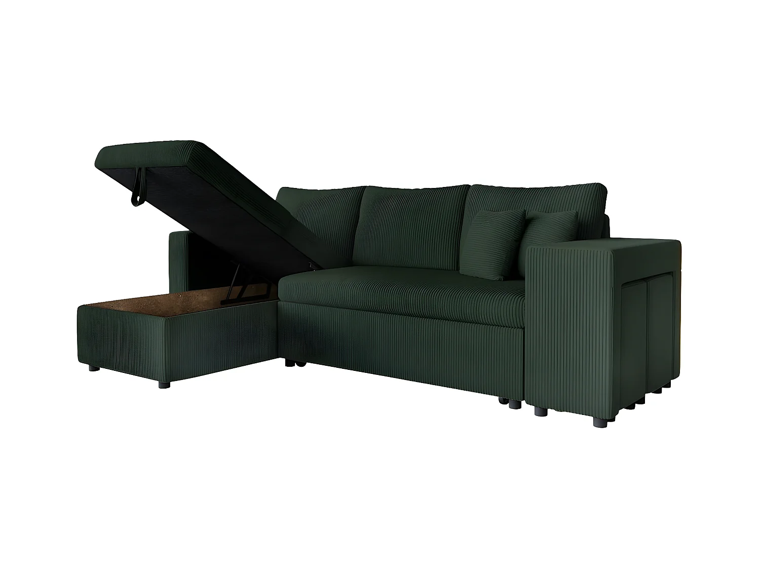 Canapé d'angle réversible convertible Oslo avec coffre, 2 poufs à droite en velours côtelé vert - L241 x P146 x H81cm - Loungitude