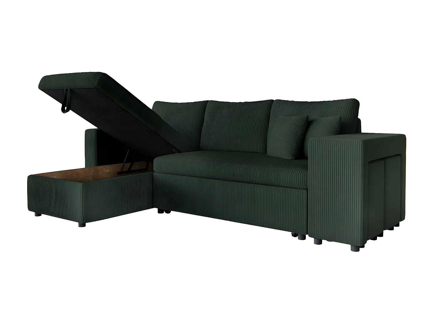 Canapé d'angle réversible convertible Oslo avec coffre, 2 poufs à droite en velours côtelé vert - L241 x P146 x H81cm - Loungitude