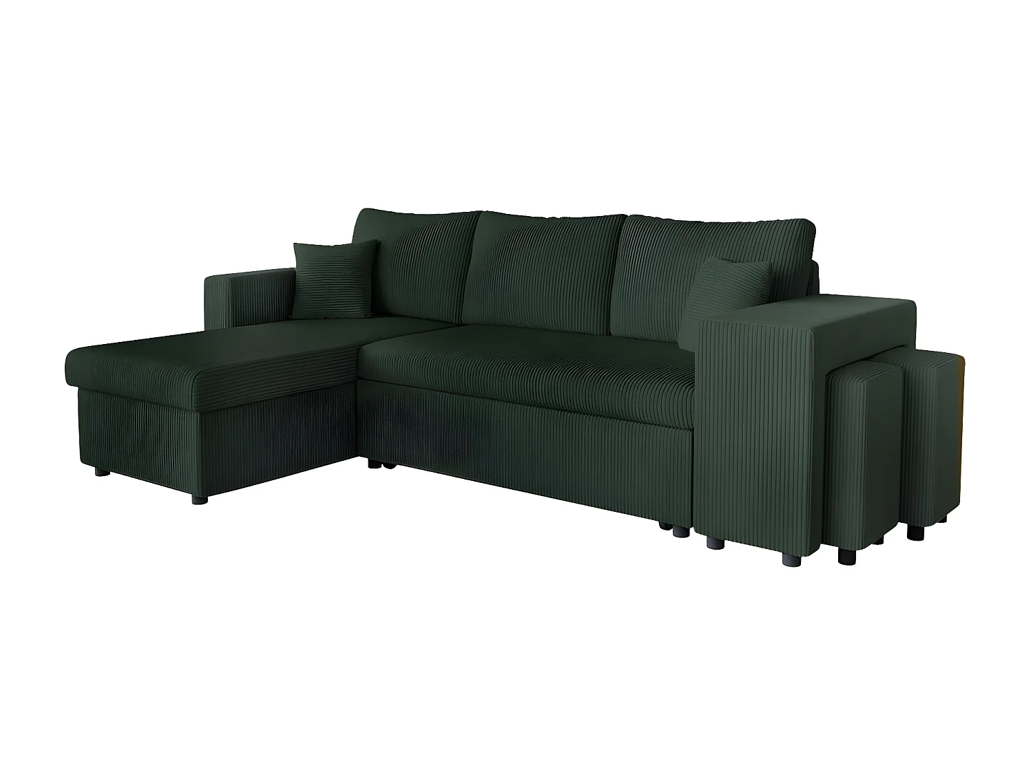 Canapé d'angle réversible convertible Oslo avec coffre, 2 poufs à droite en velours côtelé vert - L241 x P146 x H81cm - Loungitude
