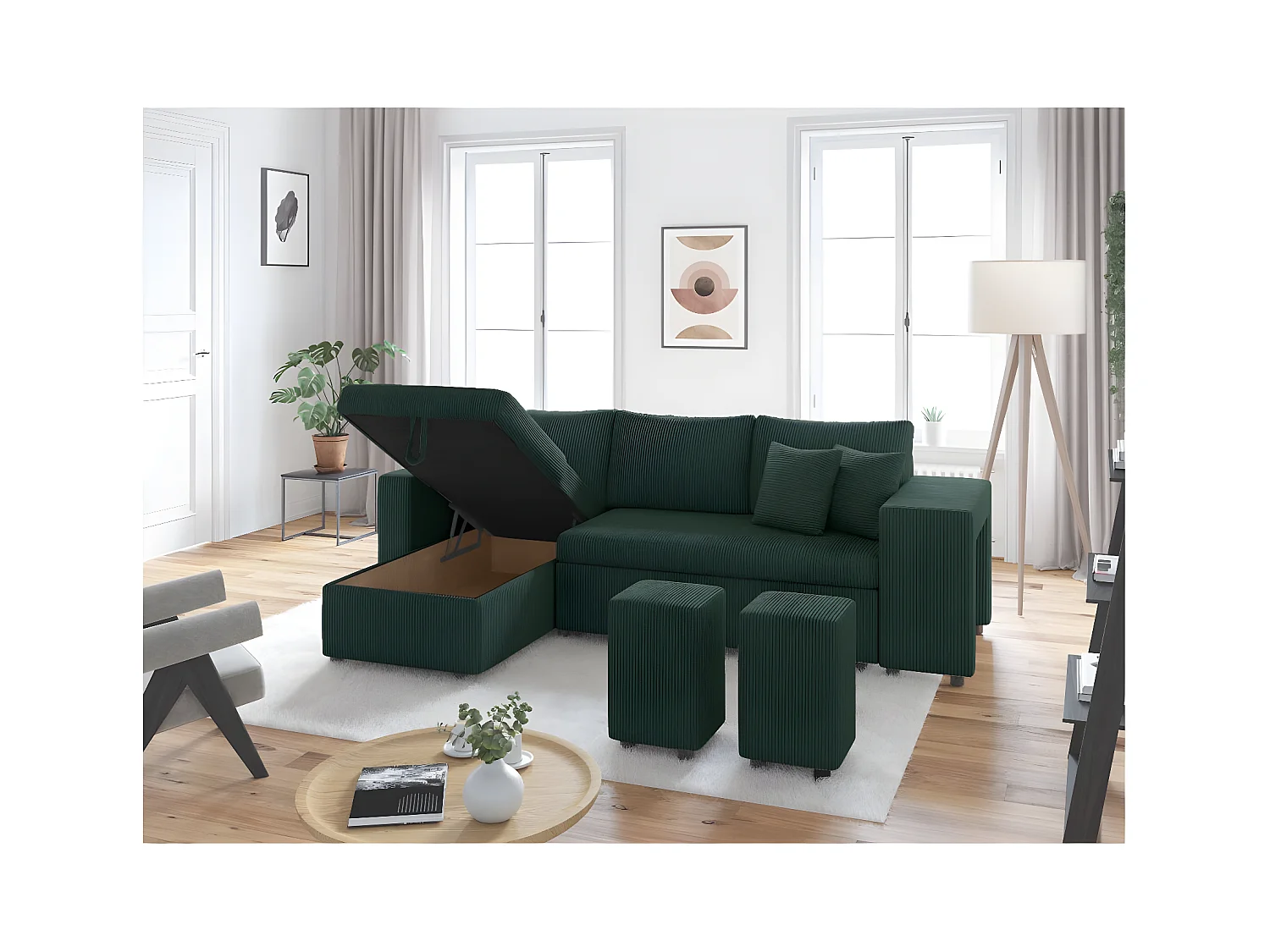 Canapé d'angle réversible convertible Oslo avec coffre, 2 poufs à droite en velours côtelé vert - L241 x P146 x H81cm - Loungitude