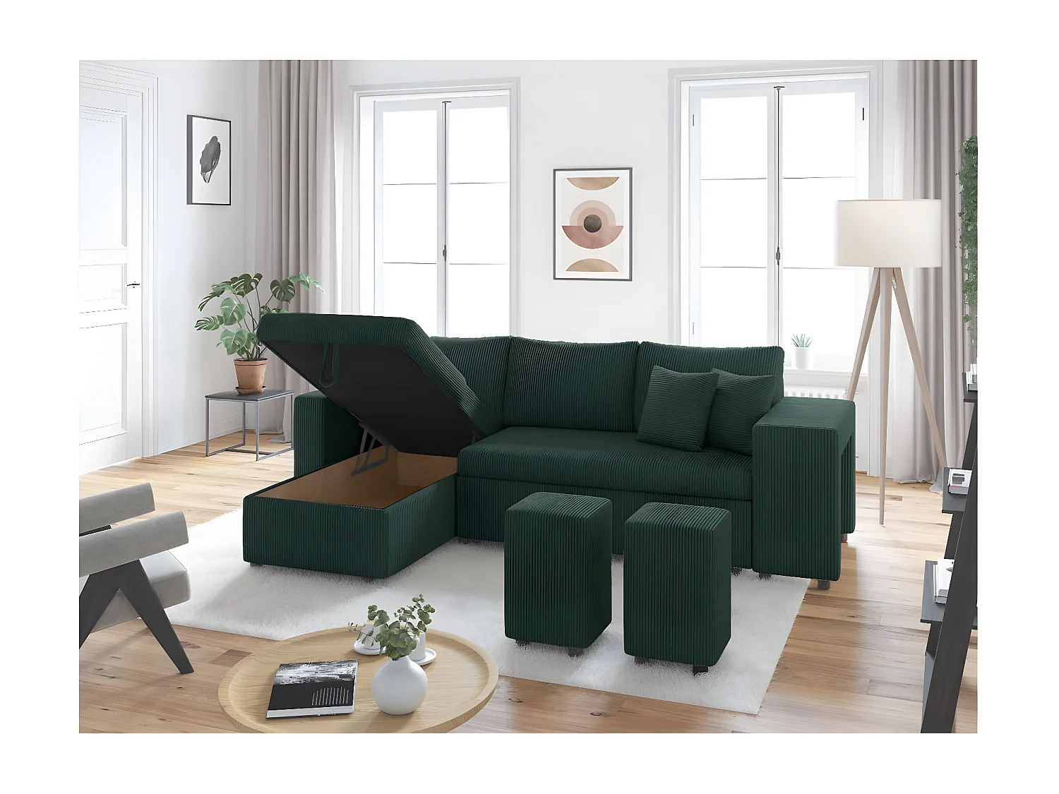 Canapé d'angle réversible convertible Oslo avec coffre, 2 poufs à droite en velours côtelé vert - L241 x P146 x H81cm - Loungitude