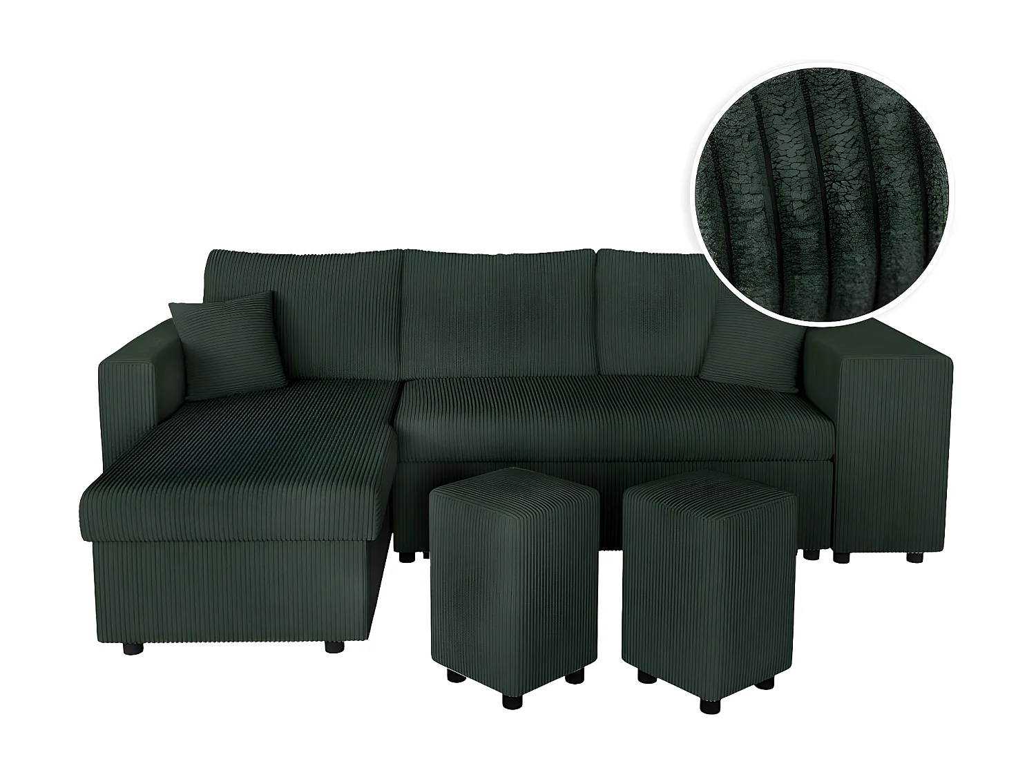 Canapé d'angle réversible convertible Oslo avec coffre, 2 poufs à droite en velours côtelé vert - L241 x P146 x H81cm - Loungitude