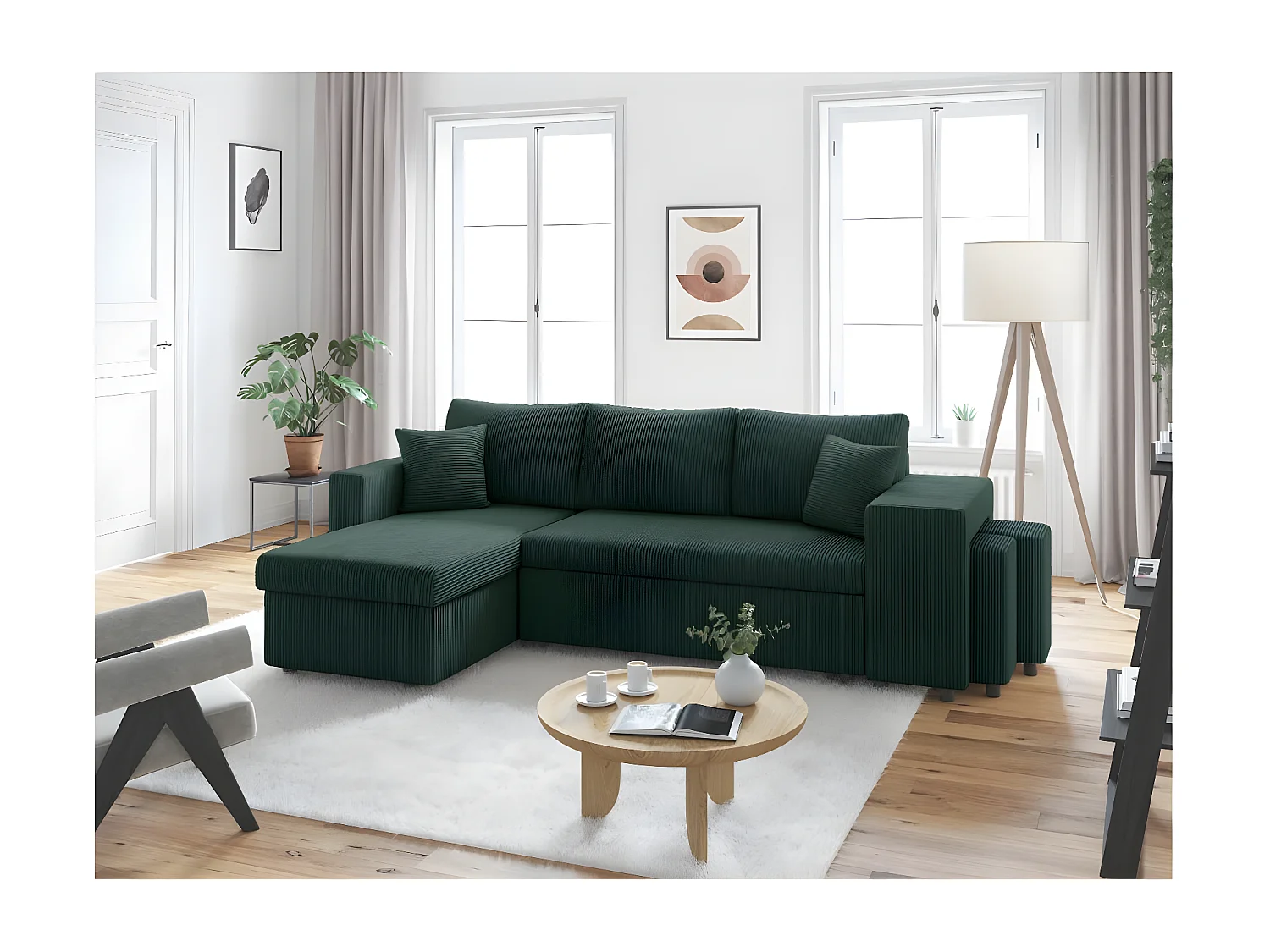 Canapé d'angle réversible convertible Oslo avec coffre, 2 poufs à droite en velours côtelé vert - L241 x P146 x H81cm - Loungitude