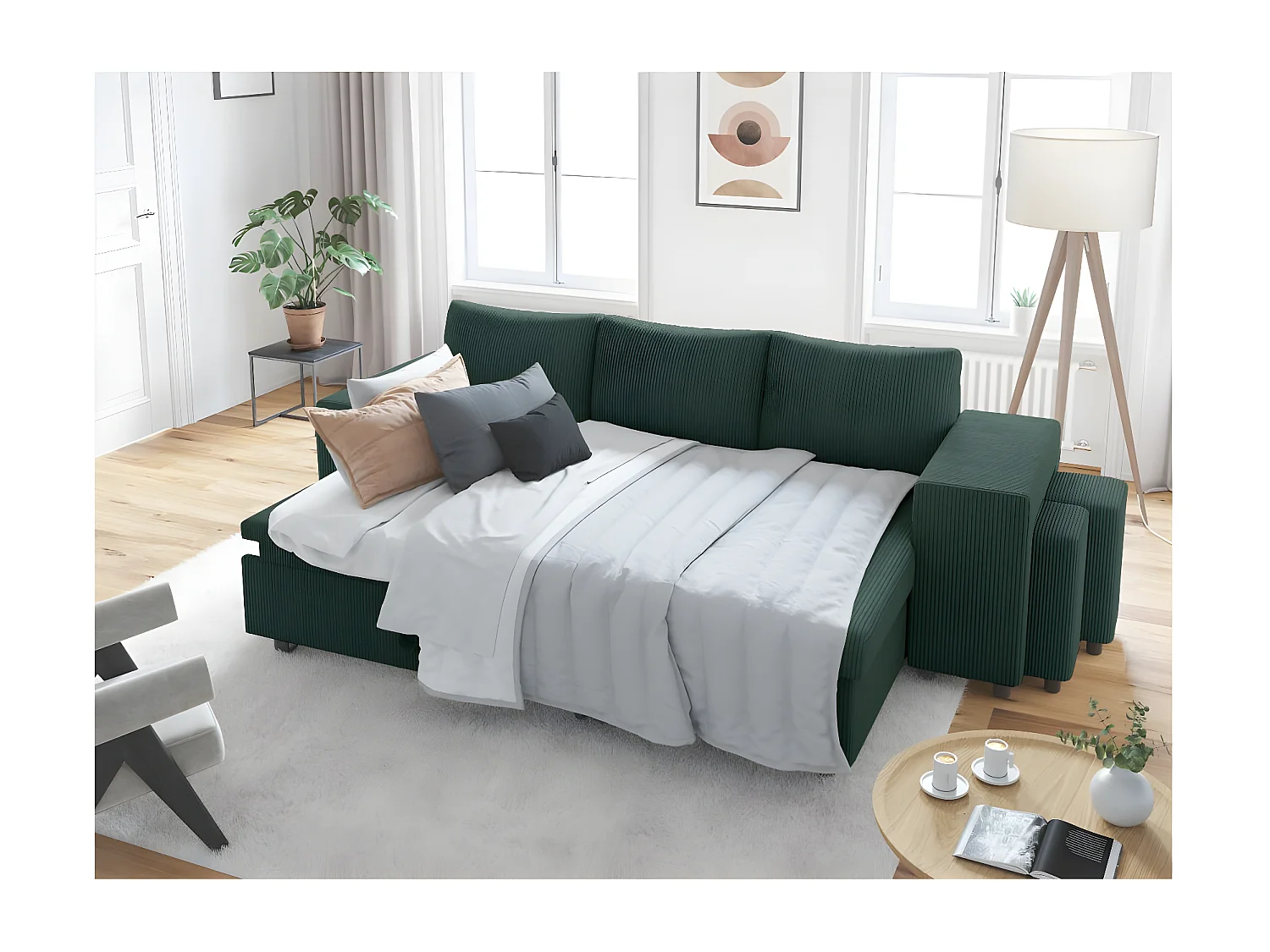 Canapé d'angle réversible convertible Oslo avec coffre, 2 poufs à droite en velours côtelé vert - L241 x P146 x H81cm - Loungitude